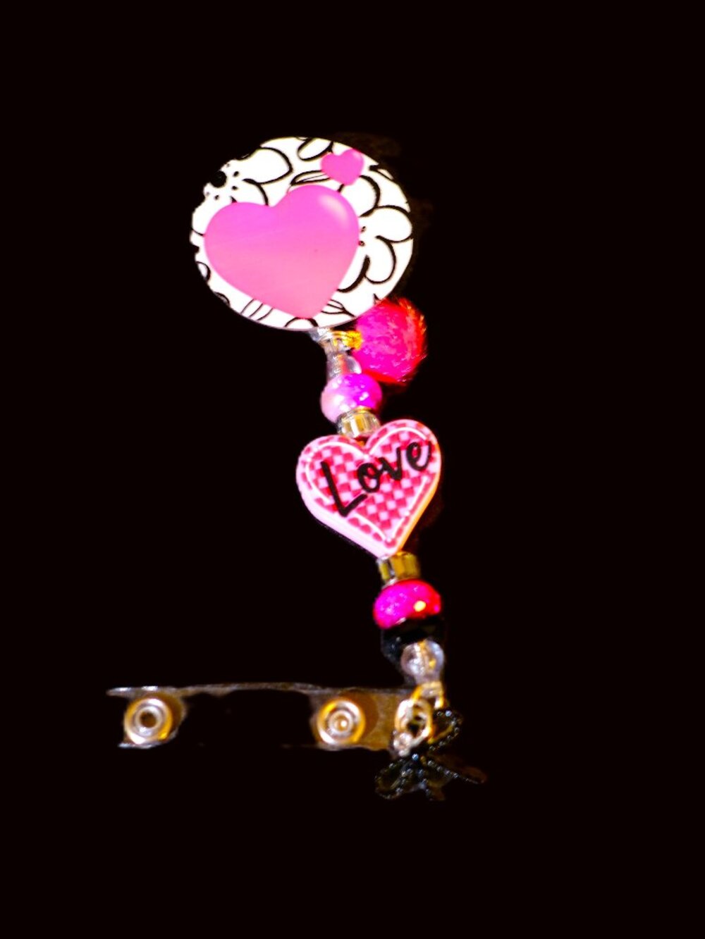Beaded Badge Reel, Handmade, heart, love, pink, clip, nurse, teacher, gift, ID,
